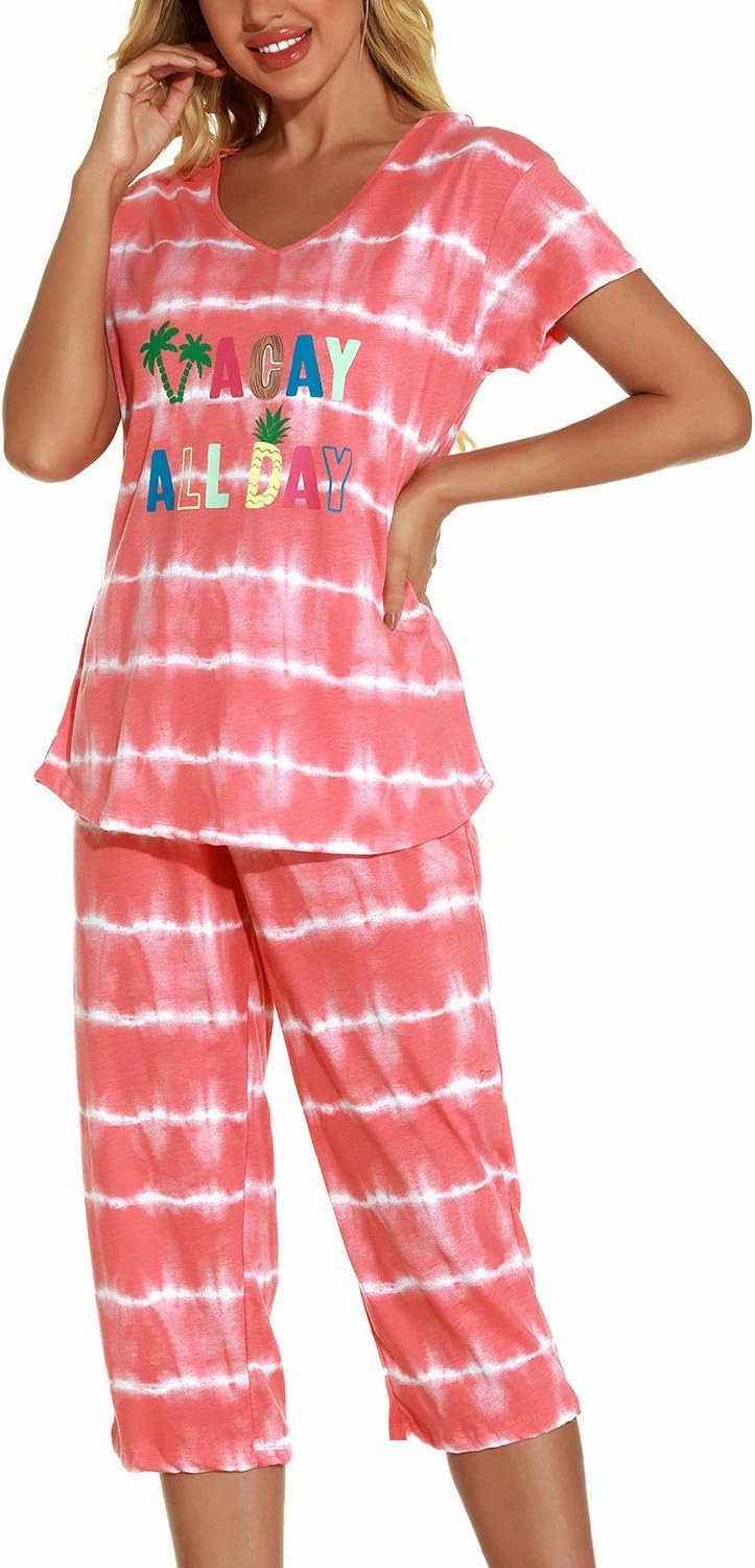 Lu's Chic Women's Cute Pajama Set Soft Cotton Capri Short Sleeve Comfy Pjs Pant Two Piece Sleepwear