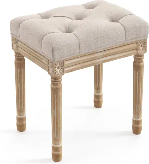 LUE BONA Vanity Chair for Makeup Room,Vintage Tufted Ottoman Bench for Bedroom, Fabric Upholstered Vanity Stool for Vanity Entryway Bench with Carved Wood Color Legs for Living Room,Linen Color