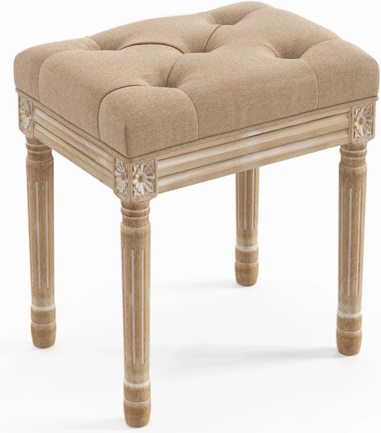 LUE BONA Upholstered Fabric Vanity Bench Seat, Makeup Stools for Vanity, Square Tufted Ottoman Bench with Carved Wood Color Legs for Bedroom Living Room, Wheat Color