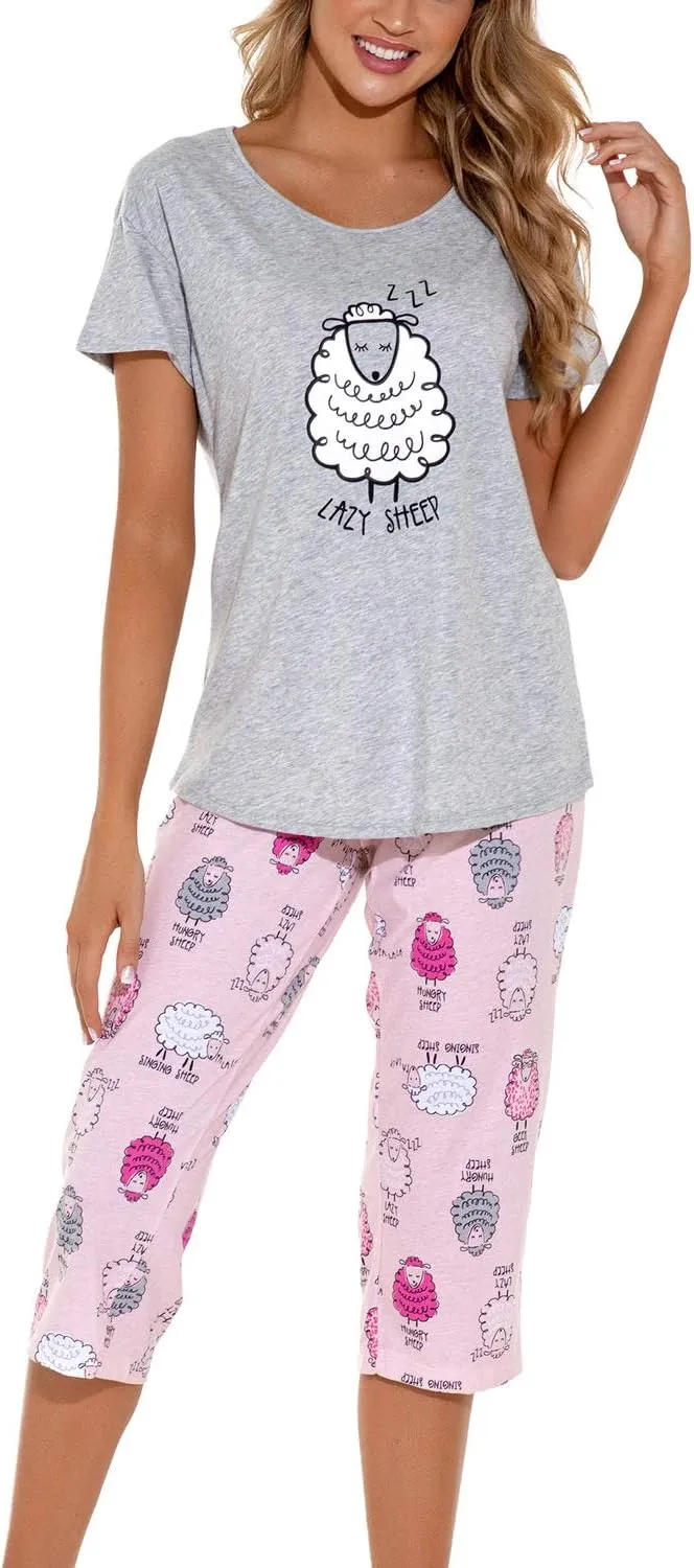 Lu's Chic Women's Cute Pajama Set Soft Cotton Capri Short Sleeve Comfy Pjs Pant Two Piece Sleepwear