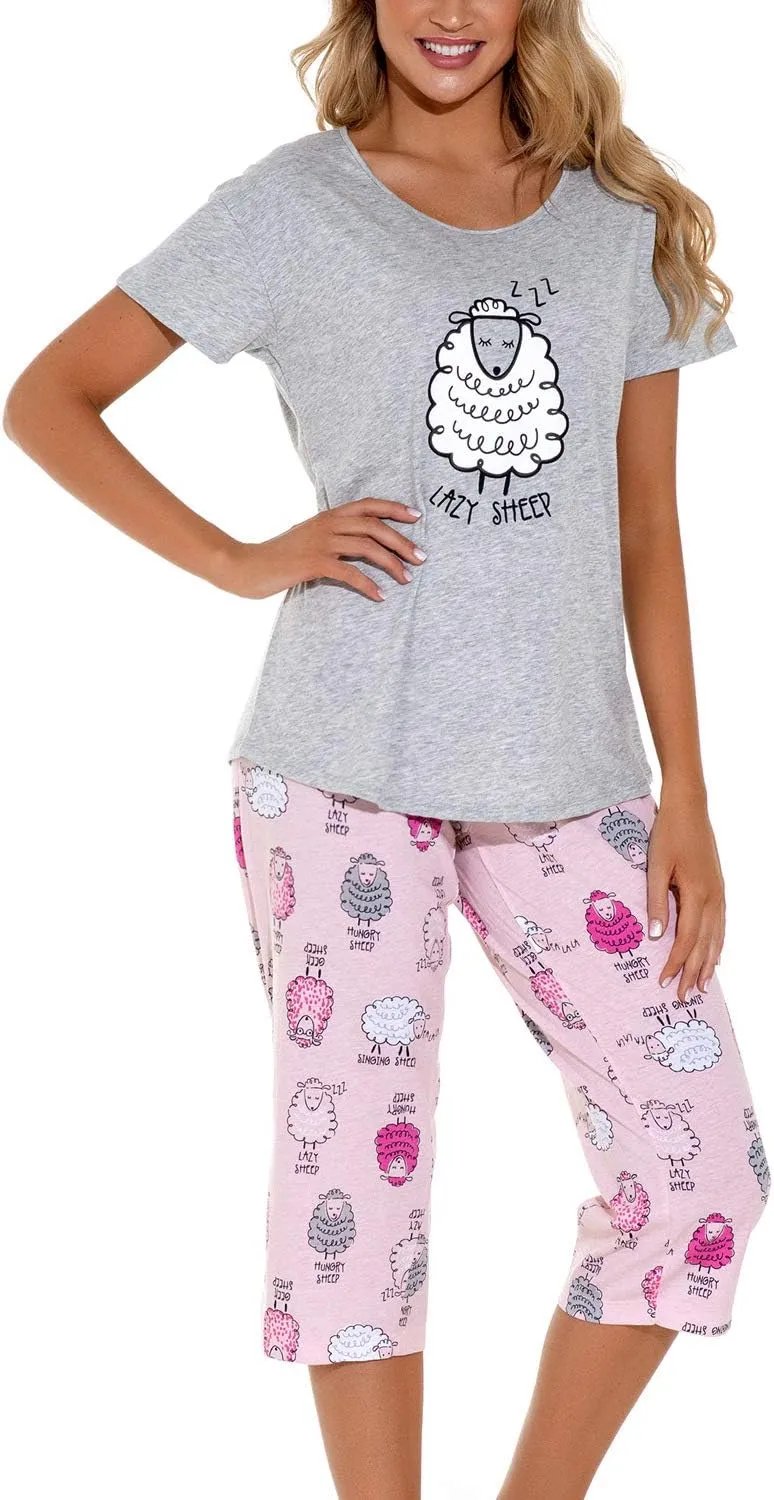 Lu's Chic Women's Cute Pajama Set Soft Cotton Capri Short Sleeve Comfy Pjs Pant Two Piece Sleepwear