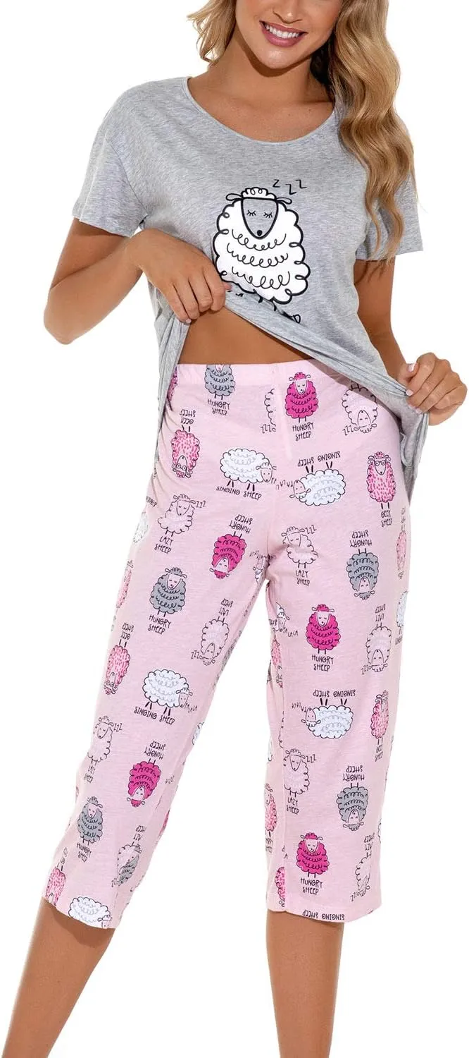 Lu's Chic Women's Cute Pajama Set Soft Cotton Capri Short Sleeve Comfy Pjs Pant Two Piece Sleepwear