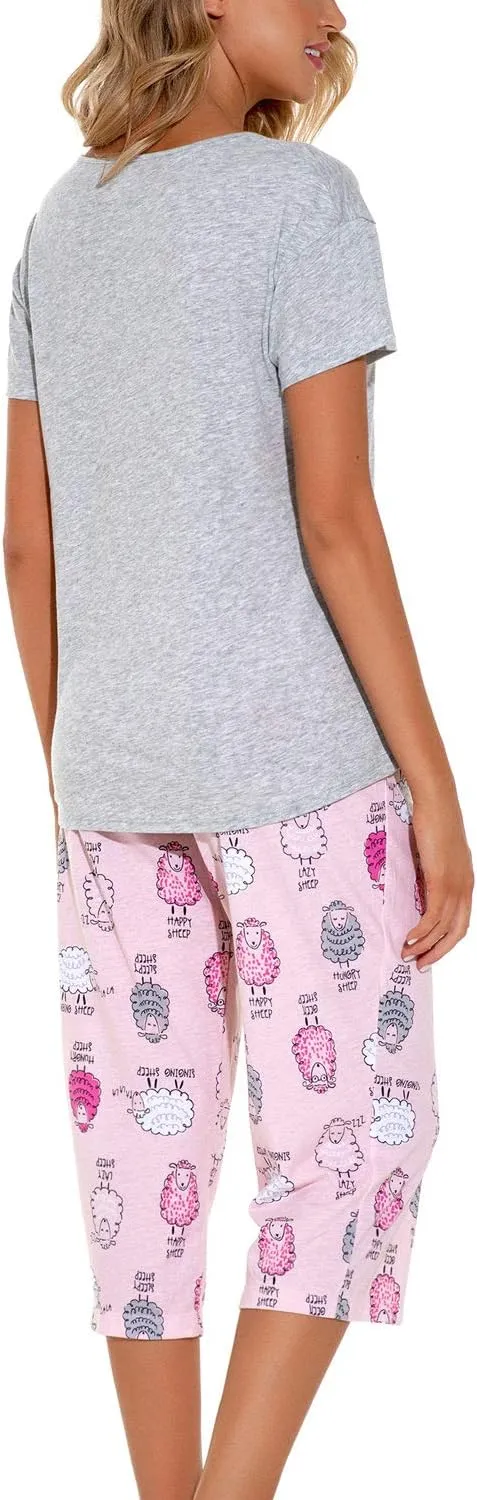 Lu's Chic Women's Cute Pajama Set Soft Cotton Capri Short Sleeve Comfy Pjs Pant Two Piece Sleepwear