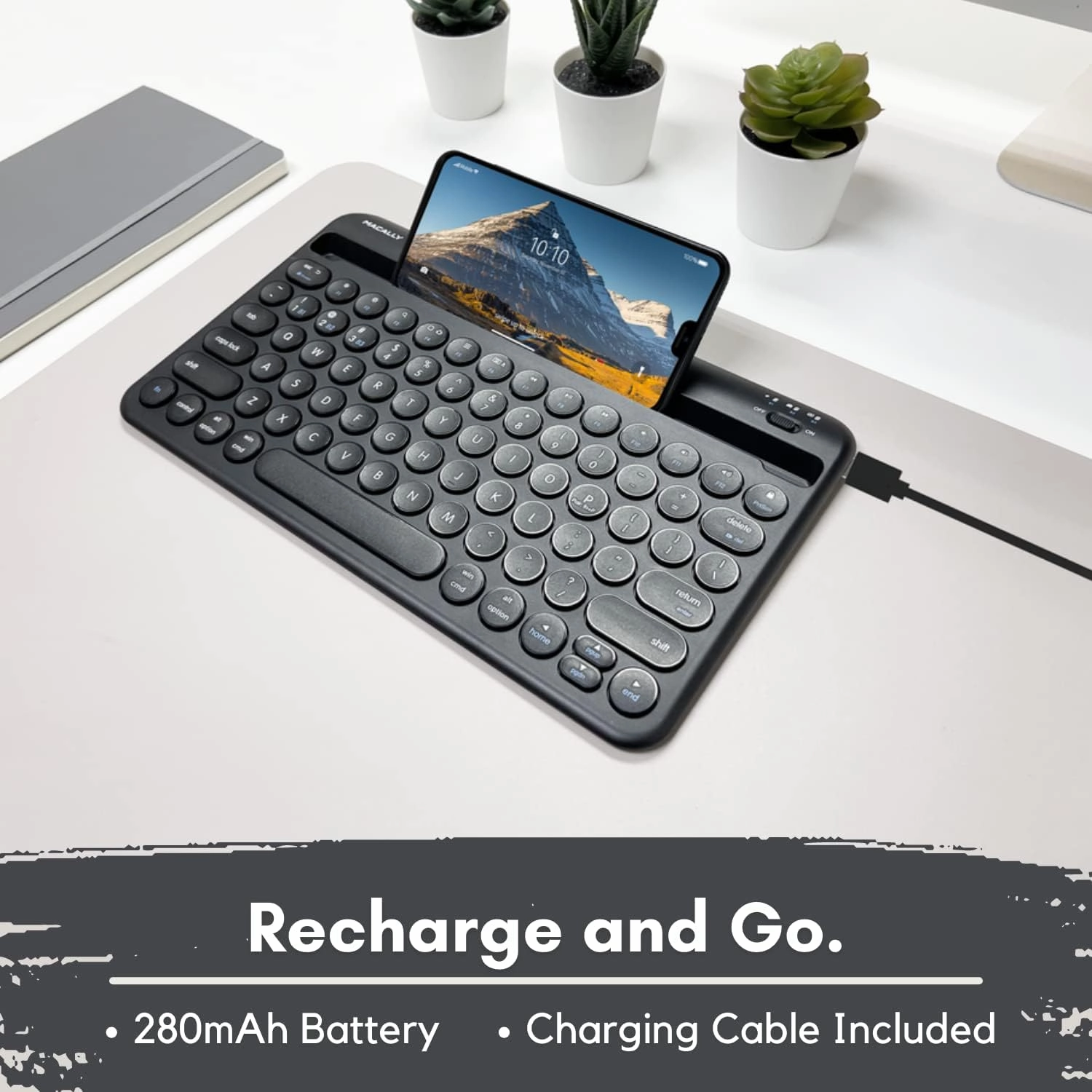 Macally Bluetooth Keyboard for Tablet | Wireless Keyboard for iPad mini/Air/Mini, iPhone (Multi-Device, Built-in Stand, Rechargeable) Easy to Use and Cute Portable