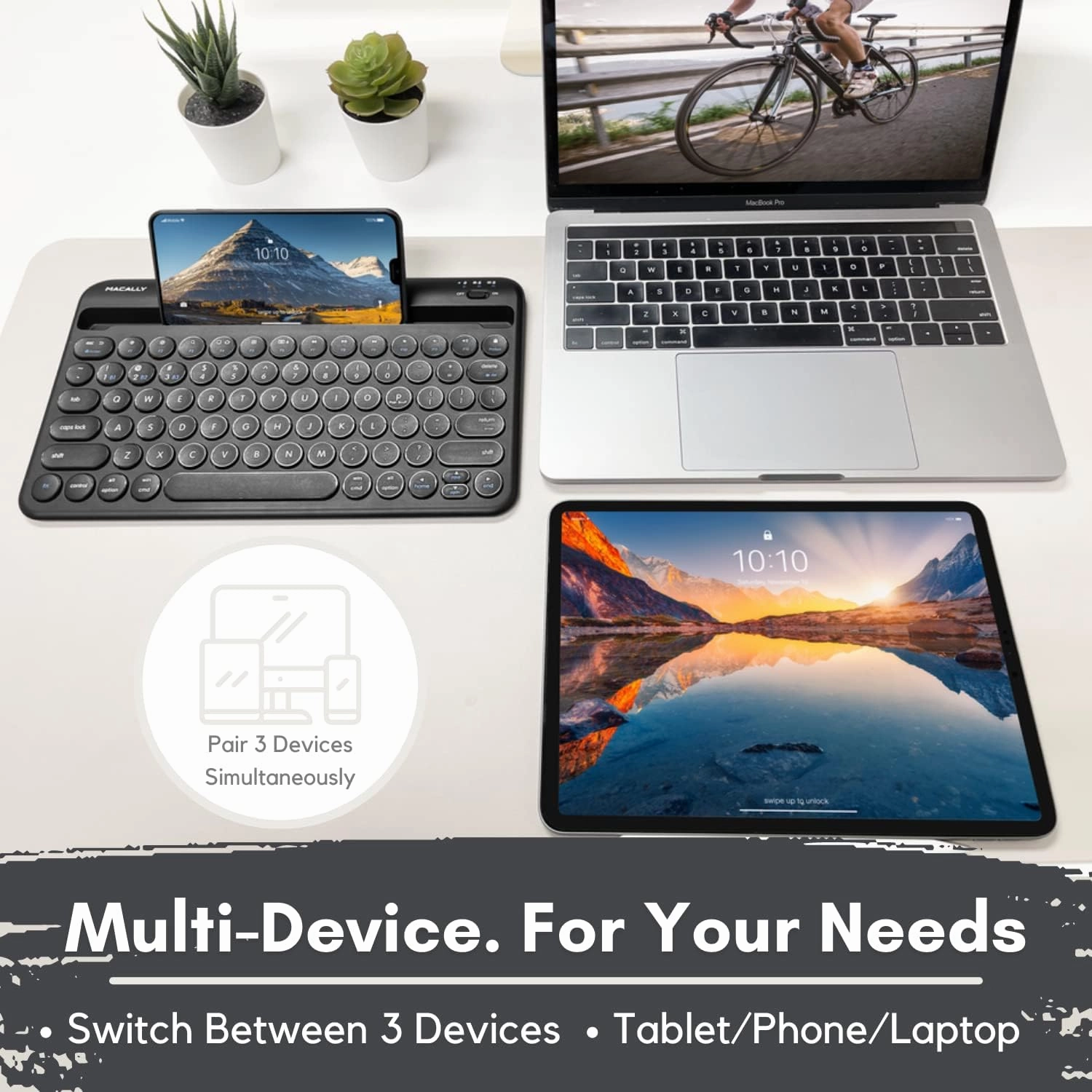 Macally Bluetooth Keyboard for Tablet | Wireless Keyboard for iPad mini/Air/Mini, iPhone (Multi-Device, Built-in Stand, Rechargeable) Easy to Use and Cute Portable