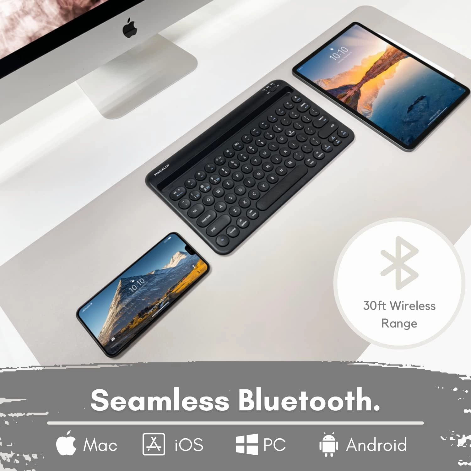 Macally Bluetooth Keyboard for Tablet | Wireless Keyboard for iPad mini/Air/Mini, iPhone (Multi-Device, Built-in Stand, Rechargeable) Easy to Use and Cute Portable
