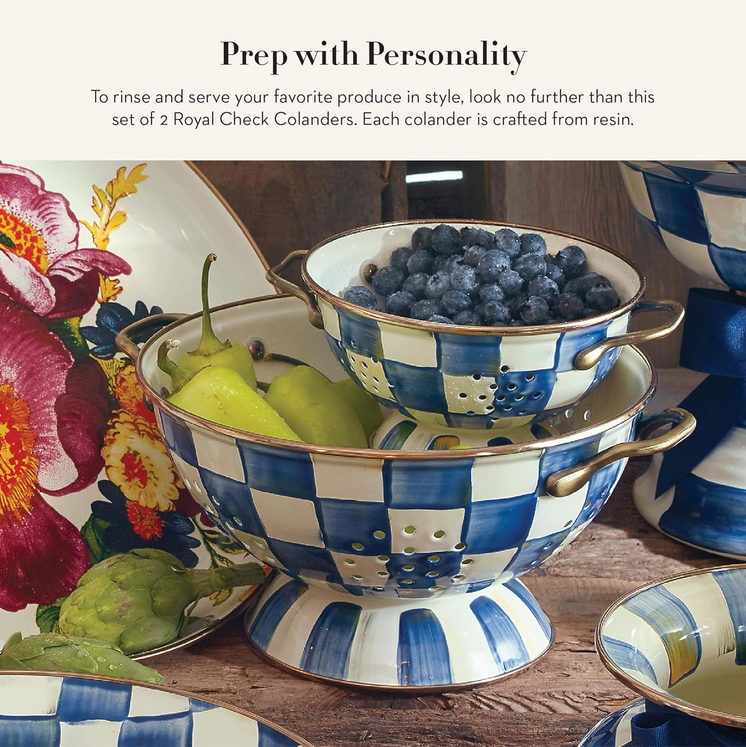 MACKENZIE-CHILDS Enamel Colander Set, Large and Small Strainer Set, Cute Enamel Colanders, 2-Piece Set, Blue-and-White Royal Check