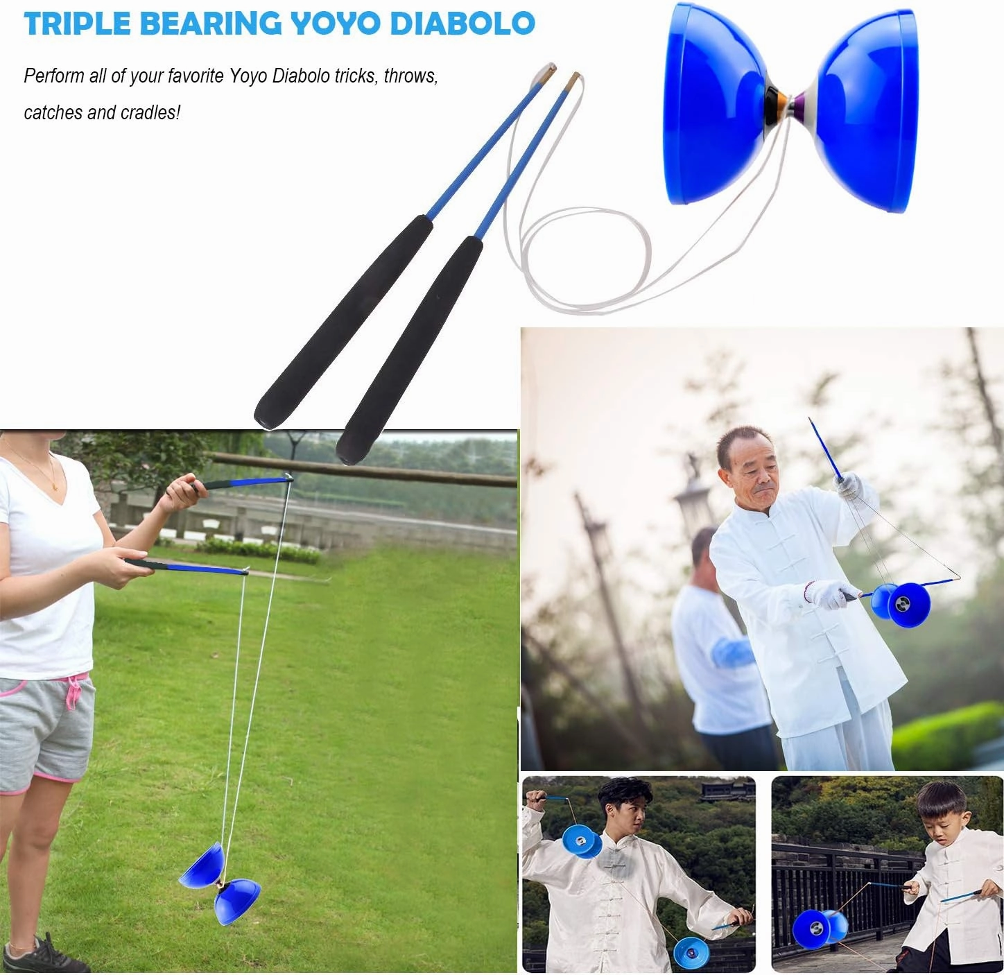 MAGICYOYO Pro Triple Bearing Diabolo Medium Size 5” Blue Chinese Yoyo Toy with 2 Pair Carbon Sticks  2 Extra Strings  1 Net Bag, High Performance Chinese Yoyo Diabolo Skill Toy