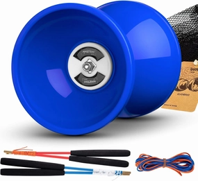 MAGICYOYO Pro Triple Bearing Diabolo Medium Size 5” Blue Chinese Yoyo Toy with 2 Pair Carbon Sticks  2 Extra Strings  1 Net Bag, High Performance Chinese Yoyo Diabolo Skill Toy
