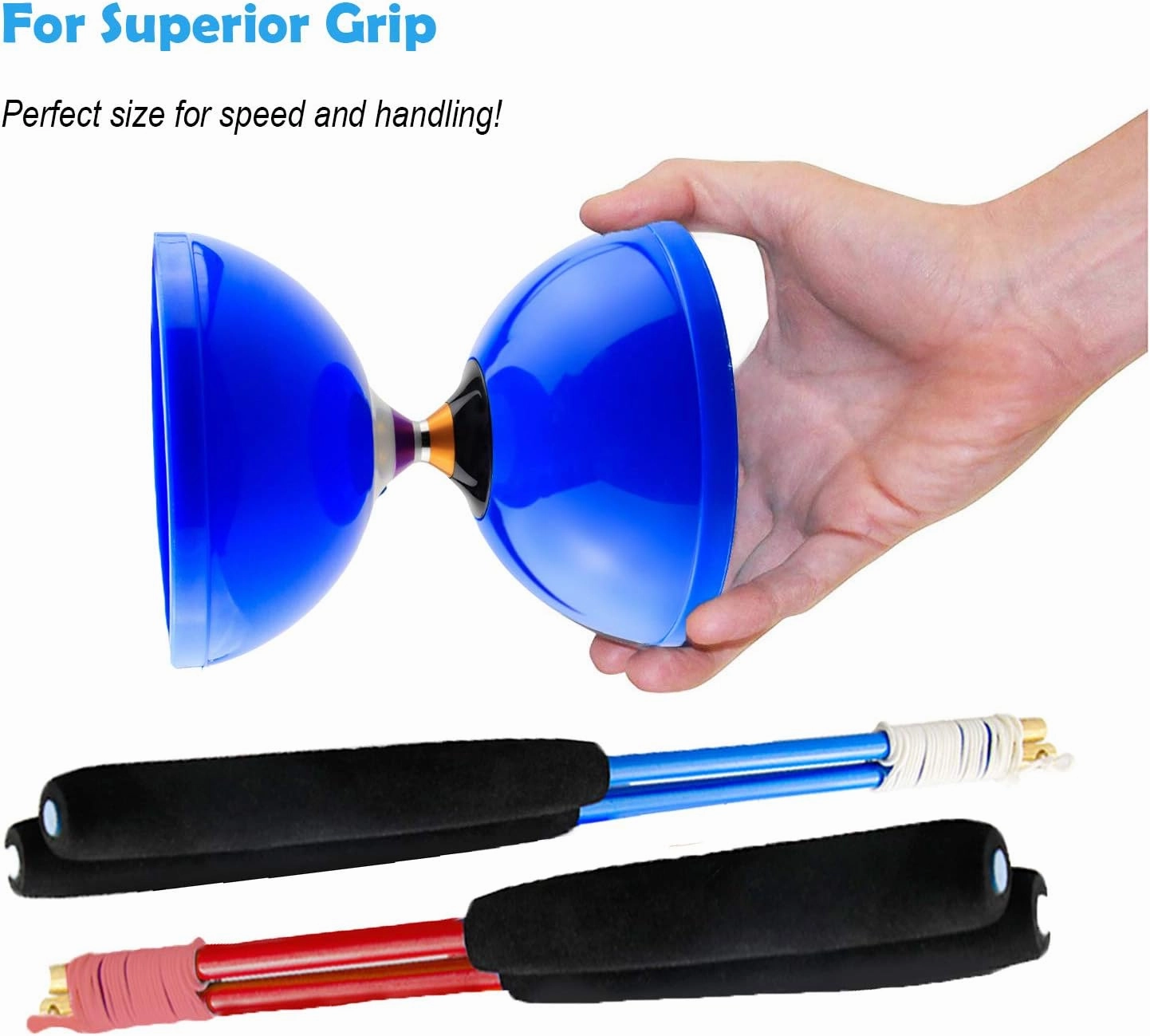 MAGICYOYO Pro Triple Bearing Diabolo Medium Size 5” Blue Chinese Yoyo Toy with 2 Pair Carbon Sticks  2 Extra Strings  1 Net Bag, High Performance Chinese Yoyo Diabolo Skill Toy