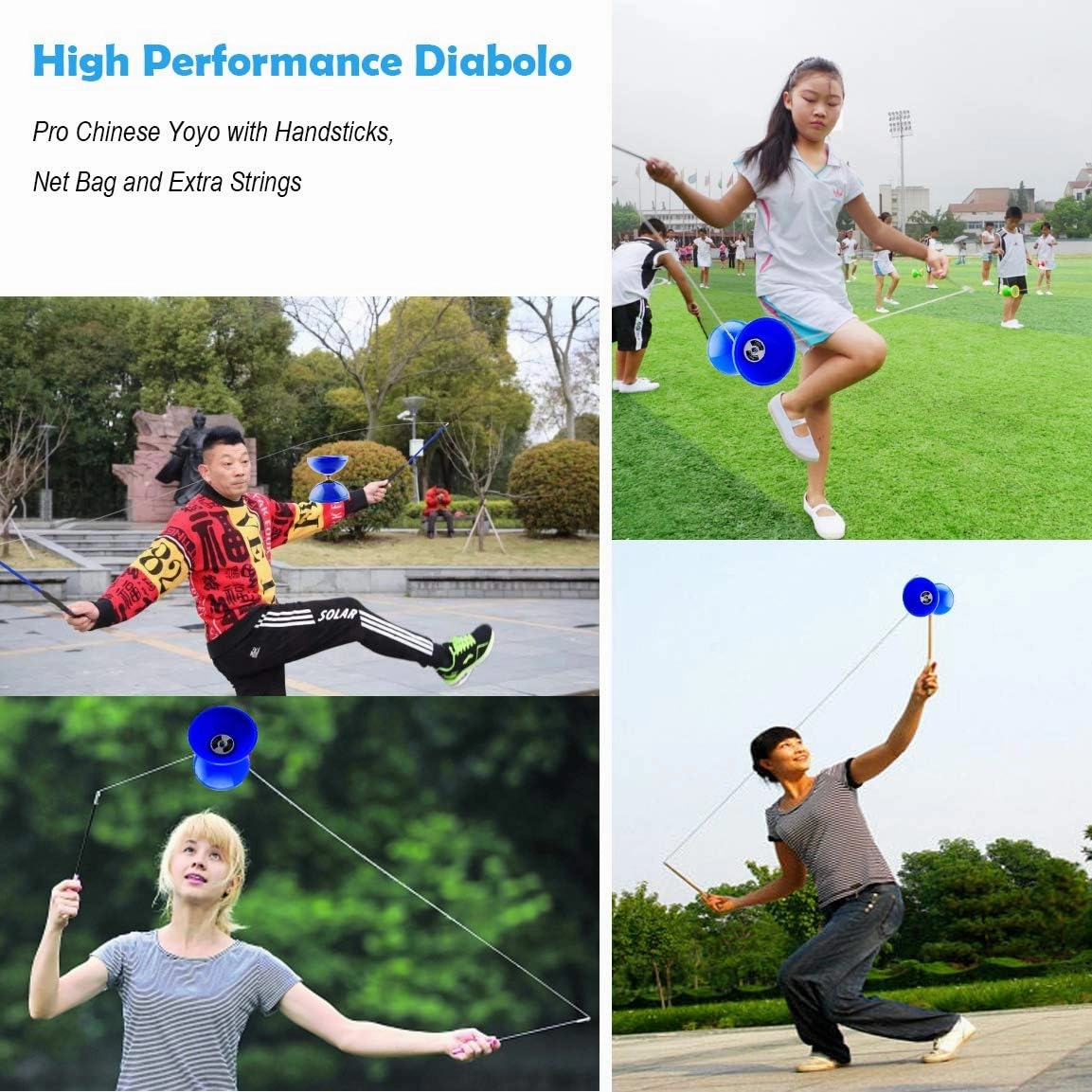 MAGICYOYO Pro Triple Bearing Diabolo Medium Size 5” Blue Chinese Yoyo Toy with 2 Pair Carbon Sticks  2 Extra Strings  1 Net Bag, High Performance Chinese Yoyo Diabolo Skill Toy
