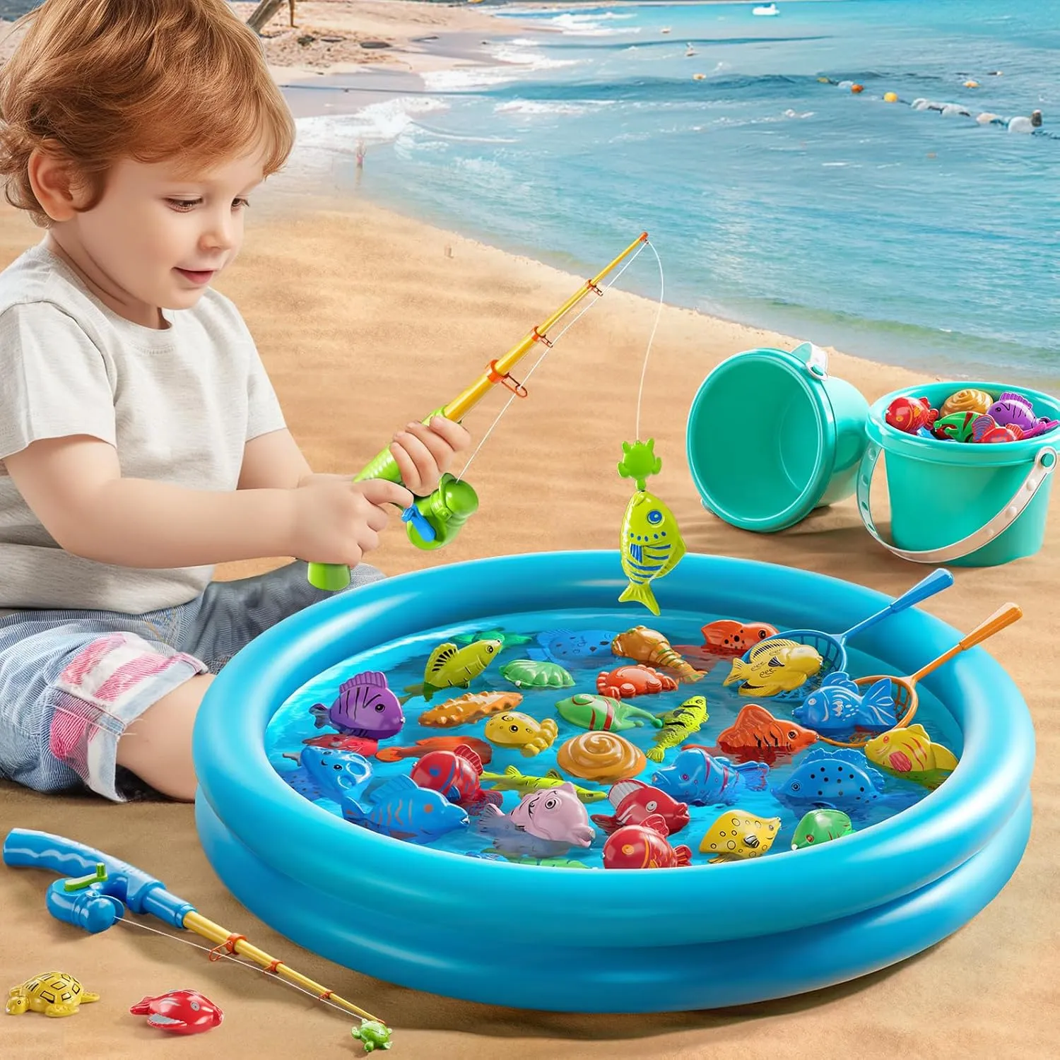 Magnet Fishing Toys Game for Kids 3-5 - Floating Fish Toys with Inflatable Kiddie Pool, Bath Toys for Toddlers, Pole Rod Net, Outdoor Party Toys for Boys Girls Kids Age 3 4 5 6 7 8 Year Old