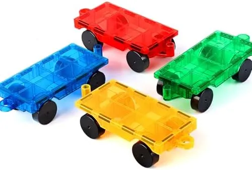 Magnetic Tiles Cars Construction Set - 4 PCS Magnetic Tiles Magnet Bricks Truck Sensory Toys, Educational Magnet Cars Set Building Blocks for 3 4 5 6 7 8  Year Old Girls Boys (Blue Set)