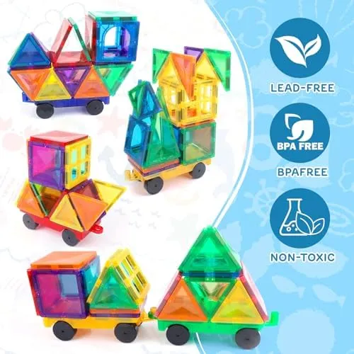 Magnetic Tiles Cars Construction Set - 4 PCS Magnetic Tiles Magnet Bricks Truck Sensory Toys, Educational Magnet Cars Set Building Blocks for 3 4 5 6 7 8  Year Old Girls Boys (Blue Set)