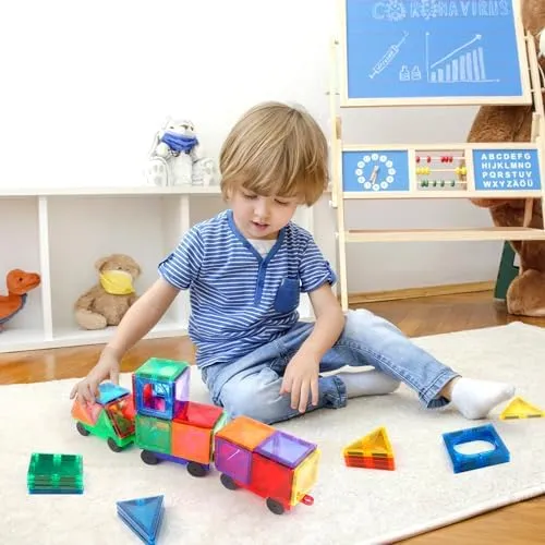 Magnetic Tiles Cars Construction Set - 4 PCS Magnetic Tiles Magnet Bricks Truck Sensory Toys, Educational Magnet Cars Set Building Blocks for 3 4 5 6 7 8  Year Old Girls Boys (Blue Set)