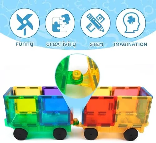 Magnetic Tiles Cars Construction Set - 4 PCS Magnetic Tiles Magnet Bricks Truck Sensory Toys, Educational Magnet Cars Set Building Blocks for 3 4 5 6 7 8  Year Old Girls Boys (Blue Set)