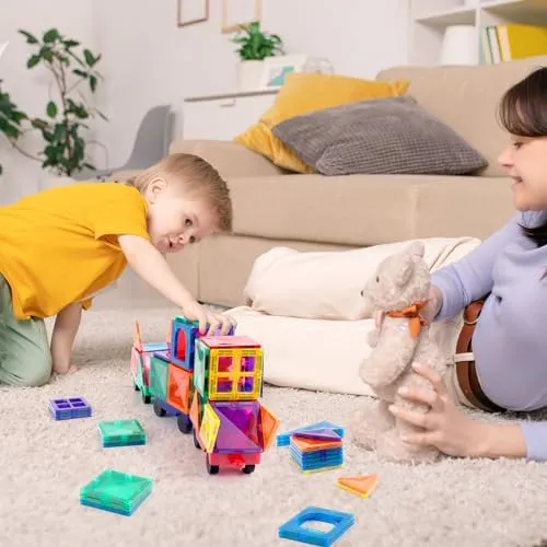 Magnetic Tiles Cars Construction Set - 4 PCS Magnetic Tiles Magnet Bricks Truck Sensory Toys, Educational Magnet Cars Set Building Blocks for 3 4 5 6 7 8  Year Old Girls Boys (Blue Set)