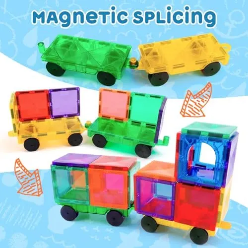 Magnetic Tiles Cars Construction Set - 4 PCS Magnetic Tiles Magnet Bricks Truck Sensory Toys, Educational Magnet Cars Set Building Blocks for 3 4 5 6 7 8  Year Old Girls Boys (Blue Set)