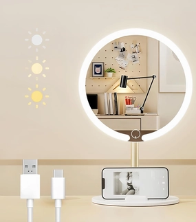 Makeup Mirror with Lights, 3 Color Modes & Dimmable, Rechargeable & Portable, 360 Rotatable, Mobile Phone Holder, 8.46 Inches, White, Modern Style, Tabletop Mount, Gifts for Women