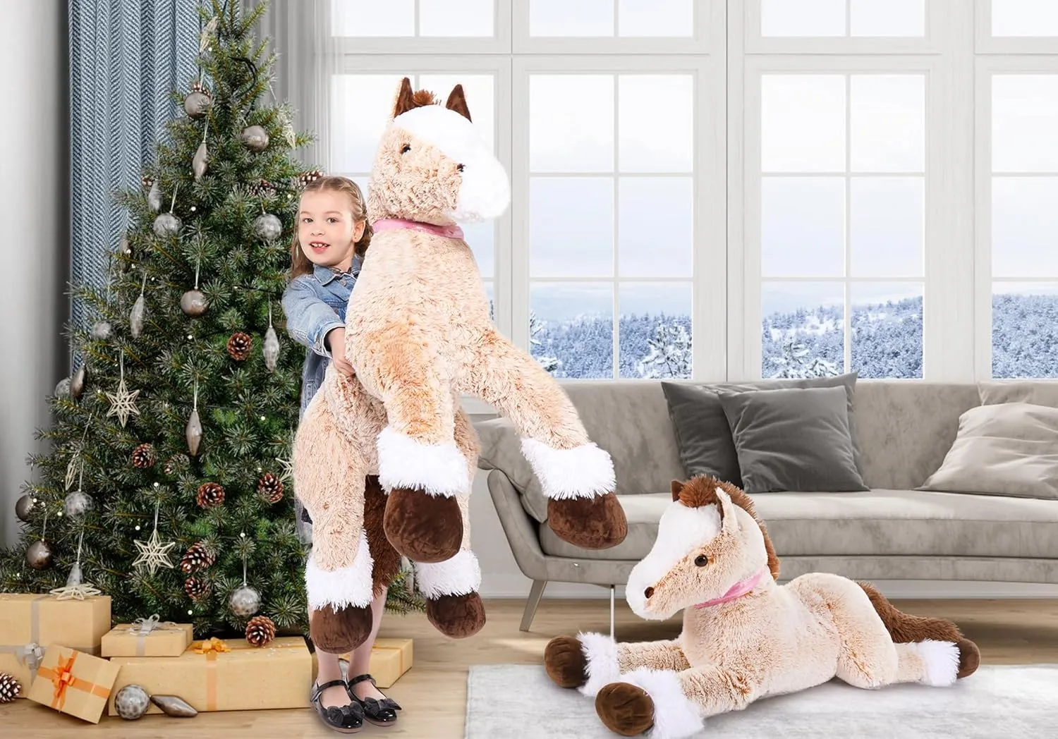 MaoGoLan Big Horse Plush Stuffed Animal,33 inch Horse Plush Toy, Brown Stuffed Horse, Ridable Stuffed Pony Plush Pillow for Kids