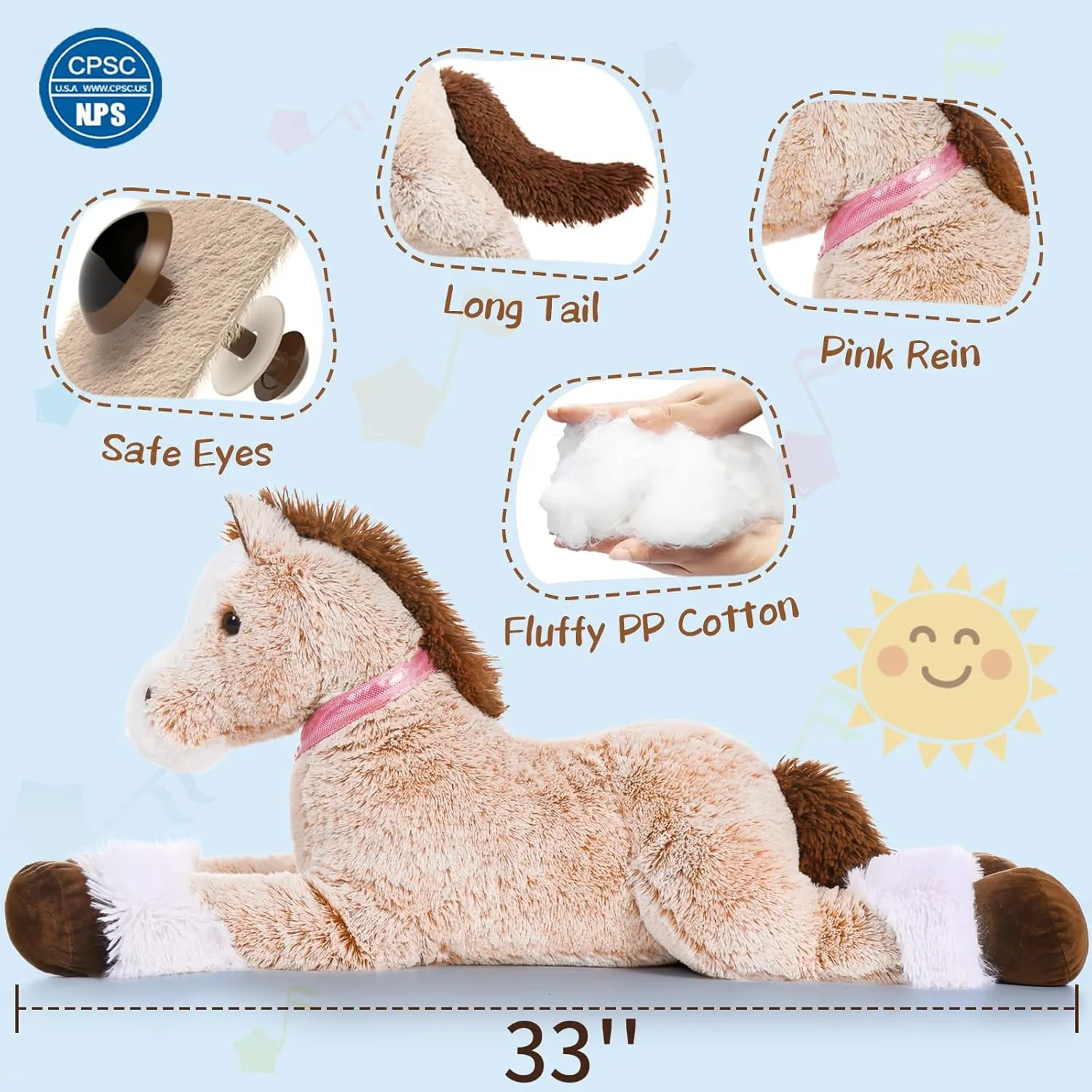 MaoGoLan Big Horse Plush Stuffed Animal,33 inch Horse Plush Toy, Brown Stuffed Horse, Ridable Stuffed Pony Plush Pillow for Kids