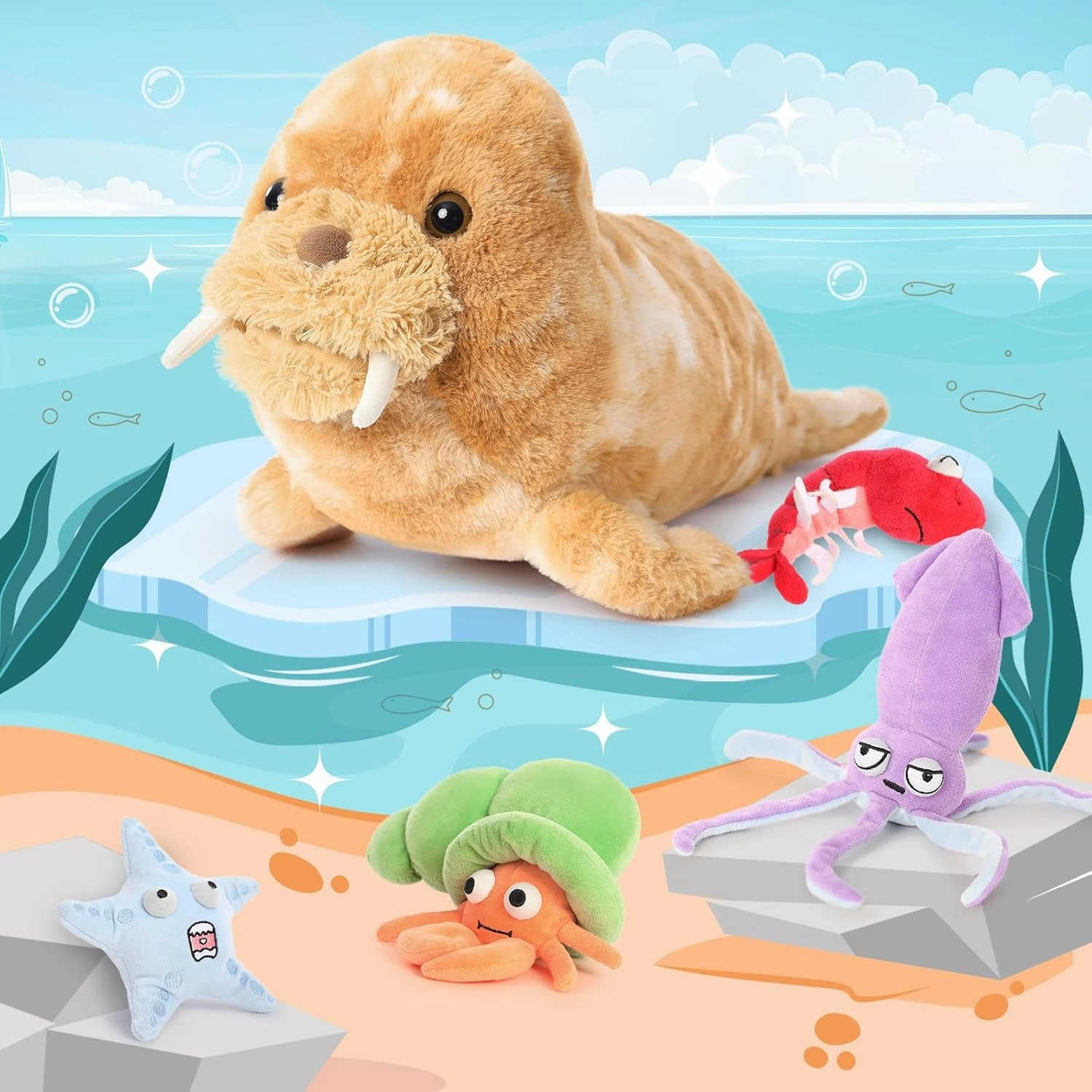 MaoGoLan 18inch Large Walrus Plush Toy with 4 Marine Animals Inside No-Zipper Mouth, Fun Pretend Playset Gifts for Kids with Crab/Starfish/Squid/Shrimp - Christmas, Birthday