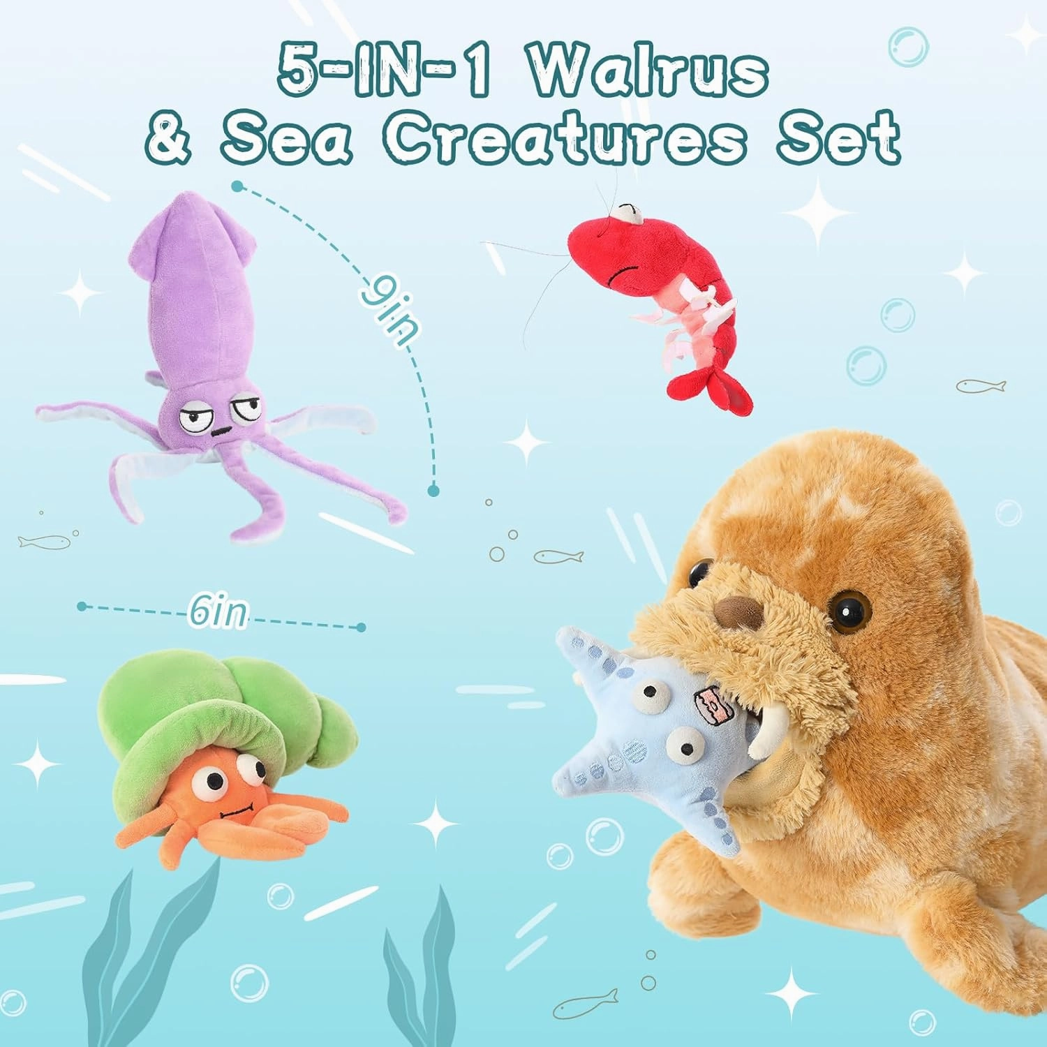 MaoGoLan 18inch Large Walrus Plush Toy with 4 Marine Animals Inside No-Zipper Mouth, Fun Pretend Playset Gifts for Kids with Crab/Starfish/Squid/Shrimp - Christmas, Birthday