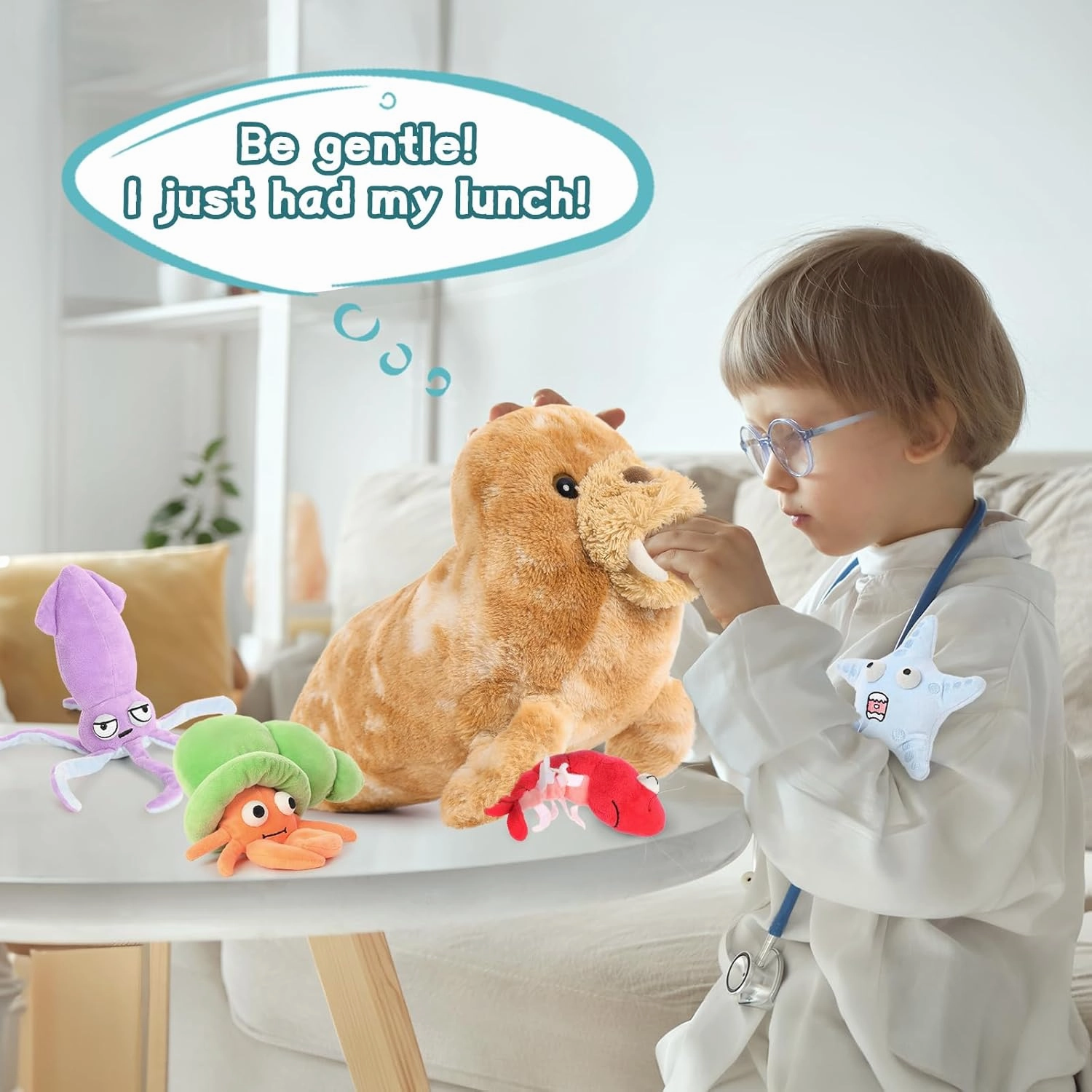 MaoGoLan 18inch Large Walrus Plush Toy with 4 Marine Animals Inside No-Zipper Mouth, Fun Pretend Playset Gifts for Kids with Crab/Starfish/Squid/Shrimp - Christmas, Birthday