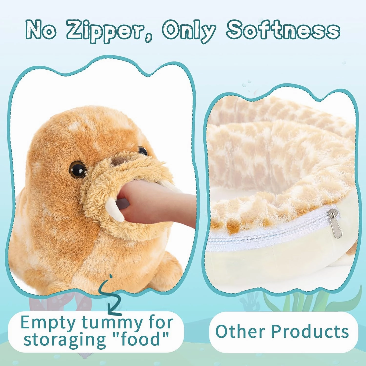 MaoGoLan 18inch Large Walrus Plush Toy with 4 Marine Animals Inside No-Zipper Mouth, Fun Pretend Playset Gifts for Kids with Crab/Starfish/Squid/Shrimp - Christmas, Birthday