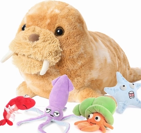 MaoGoLan 18inch Large Walrus Plush Toy with 4 Marine Animals Inside No-Zipper Mouth, Fun Pretend Playset Gifts for Kids with Crab/Starfish/Squid/Shrimp - Christmas, Birthday