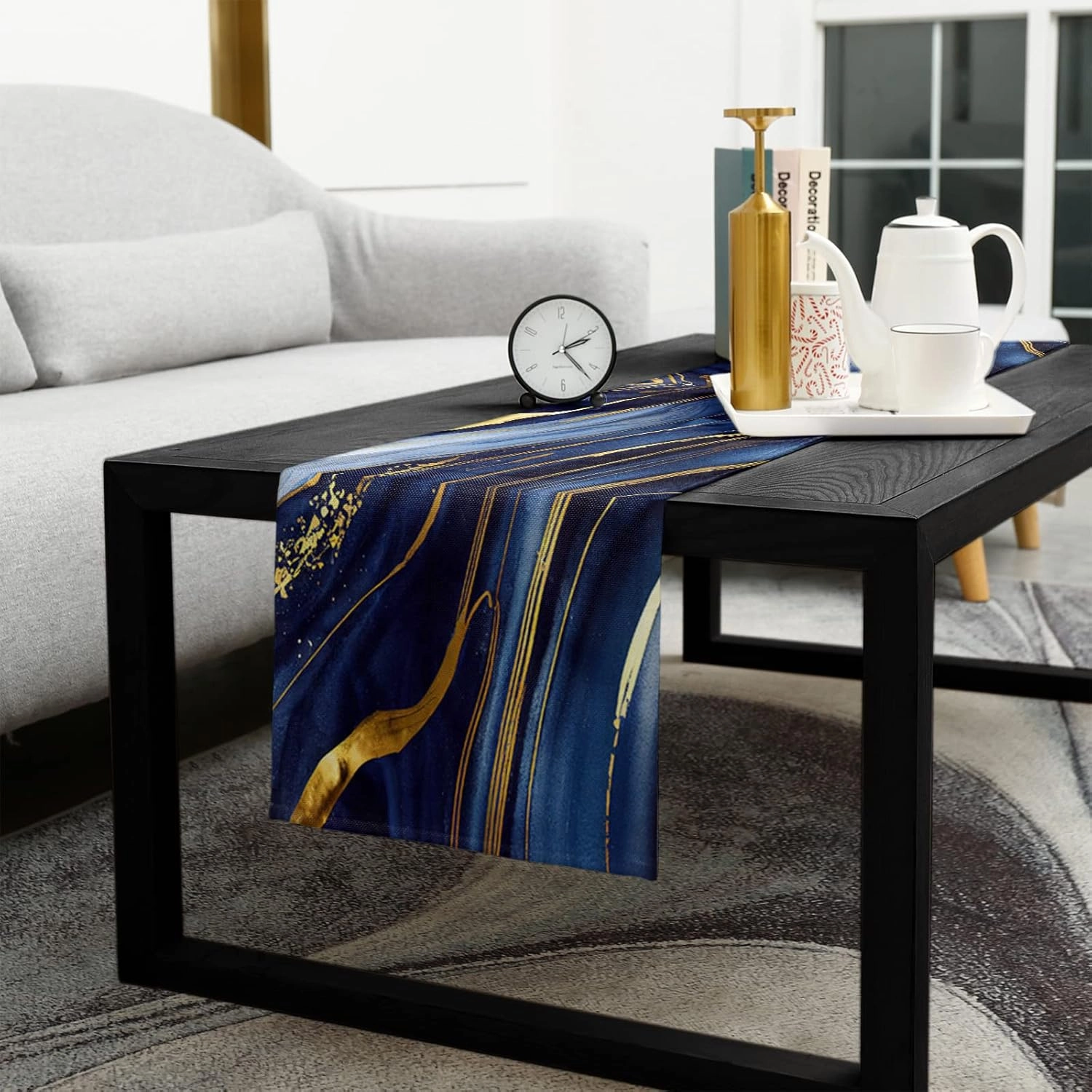 Marble Table Runner 72 Inches Long Cotton Linen Kitchen Dinner Table Runners, Modern Navy Blue Abstract Gold Burlap Tablerunner for Dresser/Dining/Party/Wedding 14x72