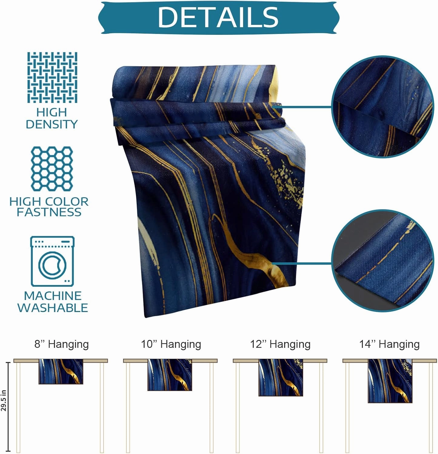 Marble Table Runner 72 Inches Long Cotton Linen Kitchen Dinner Table Runners, Modern Navy Blue Abstract Gold Burlap Tablerunner for Dresser/Dining/Party/Wedding 14x72