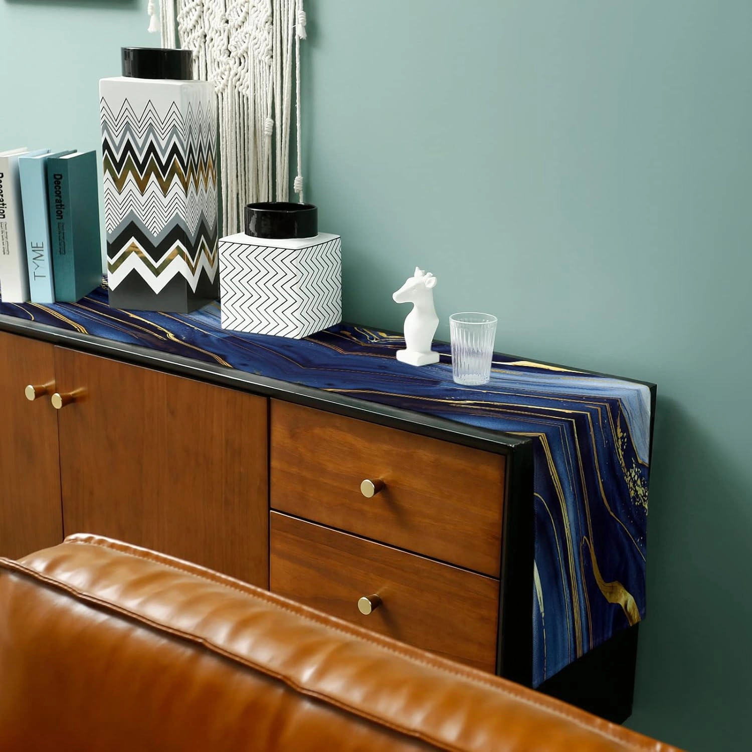 Marble Table Runner 72 Inches Long Cotton Linen Kitchen Dinner Table Runners, Modern Navy Blue Abstract Gold Burlap Tablerunner for Dresser/Dining/Party/Wedding 14x72