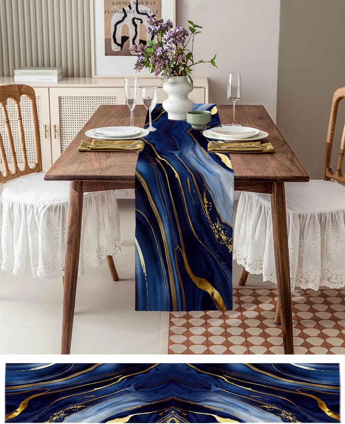 Marble Table Runner 72 Inches Long Cotton Linen Kitchen Dinner Table Runners, Modern Navy Blue Abstract Gold Burlap Tablerunner for Dresser/Dining/Party/Wedding 14x72