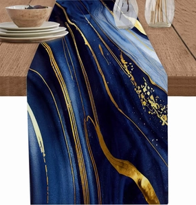 Marble Table Runner 72 Inches Long Cotton Linen Kitchen Dinner Table Runners, Modern Navy Blue Abstract Gold Burlap Tablerunner for Dresser/Dining/Party/Wedding 14x72
