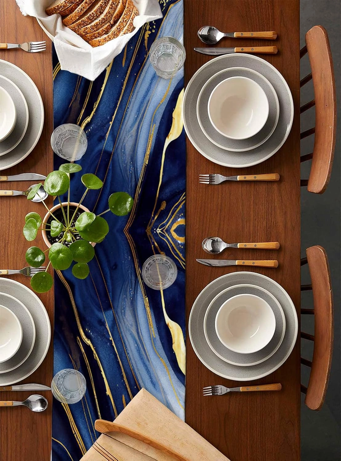 Marble Table Runner 72 Inches Long Cotton Linen Kitchen Dinner Table Runners, Modern Navy Blue Abstract Gold Burlap Tablerunner for Dresser/Dining/Party/Wedding 14x72