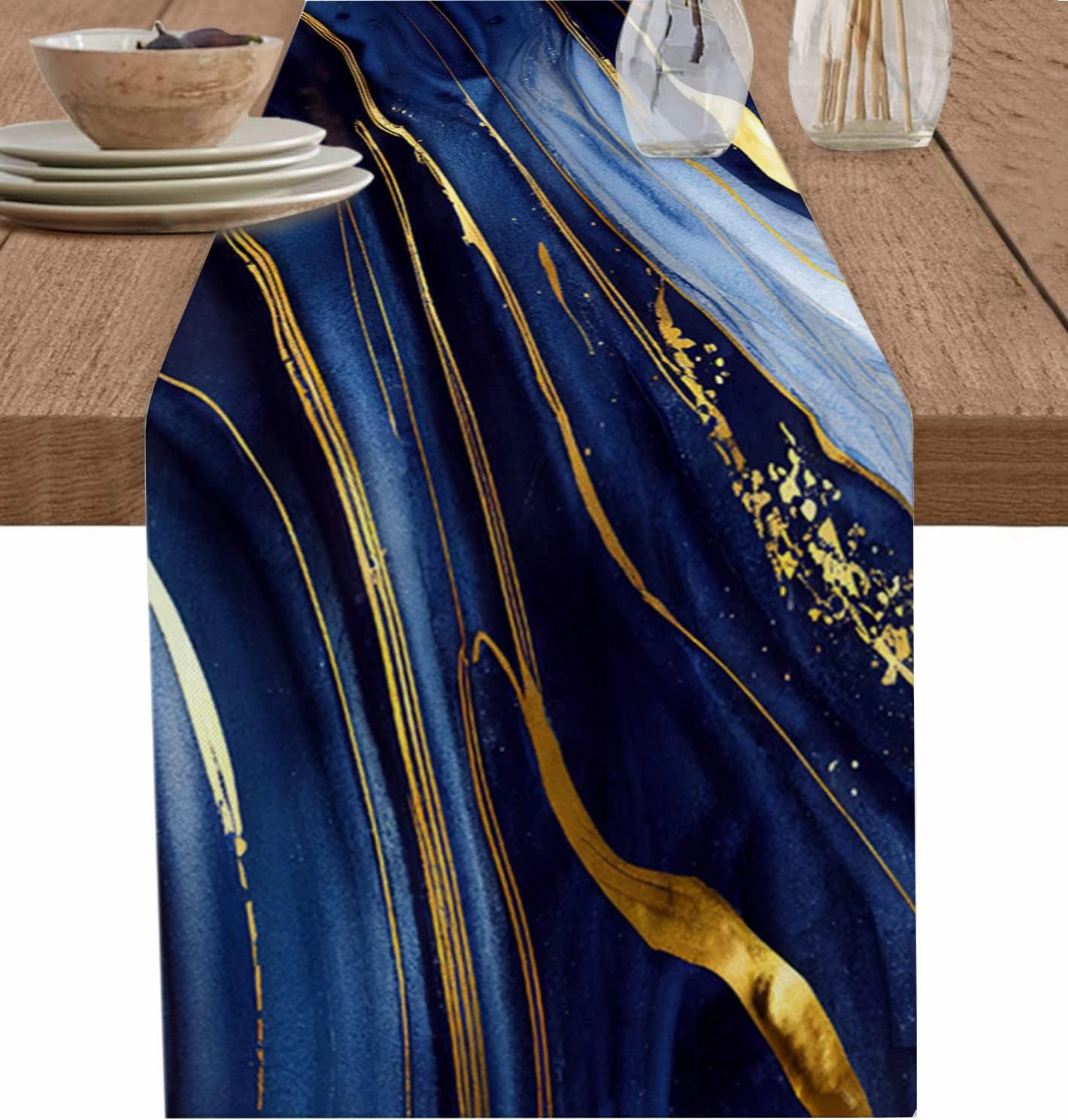 Marble Table Runner 72 Inches Long Cotton Linen Kitchen Dinner Table Runners, Modern Navy Blue Abstract Gold Burlap Tablerunner for Dresser/Dining/Party/Wedding 14x72