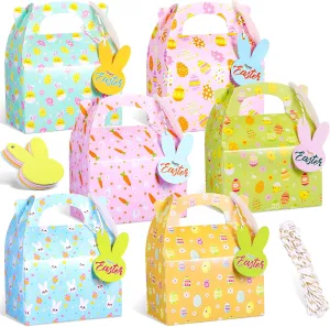 Marspark 24 Pcs Easter Treat Boxes Paper Easter Gift Box Colorful Party Favor Gable Boxes Easter Candy Cake Cookie Holder with Handle 24 Bunny Tags 16.4 Ft Cotton String for Holiday (Cute Style)