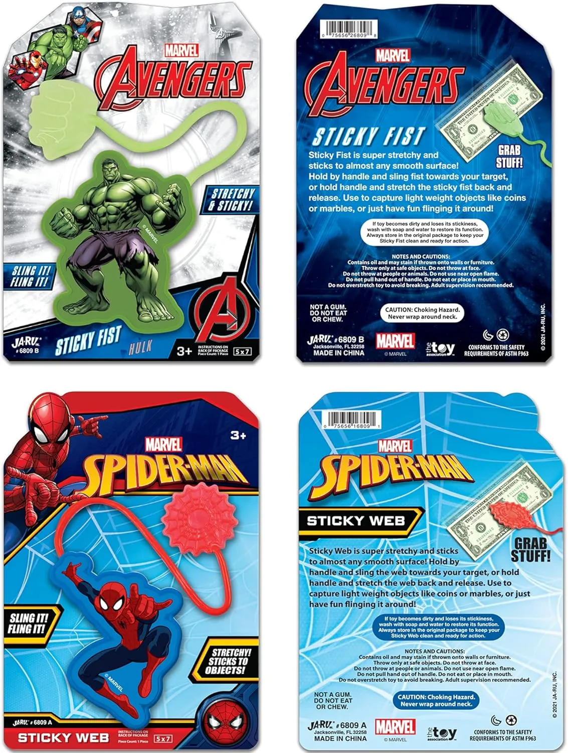 Marvel Spiderman & Hulk Sticky Hands Silly Slap Toys (8 Assorted) for Kids. Vending Machine & Bulk Birthday Goodie Bag Toys