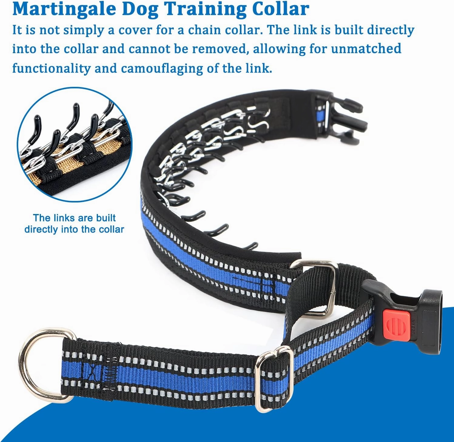 Mayerzon Martingale Collar for Small Medium Large Dogs, Patented Anti Pull Dog Collar with Reflective Strip and Buckle for Walking Training, Safe for Night Walk(M, Blue)