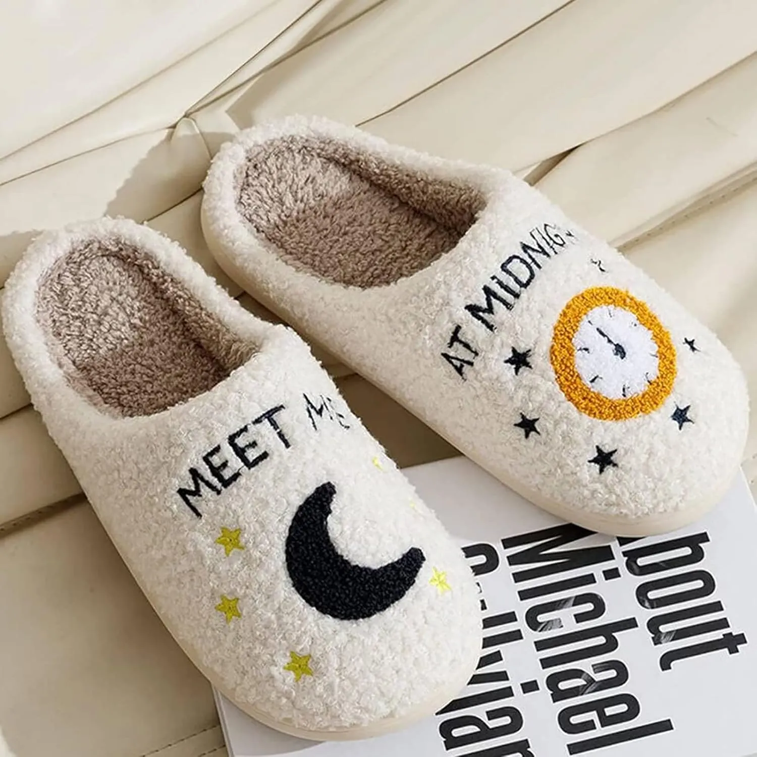 Meet Me at Midnight Slippers for Women Men Plush Fuzzy Cozy House Slippers Winter Warm Indoor Outdoor Shoes