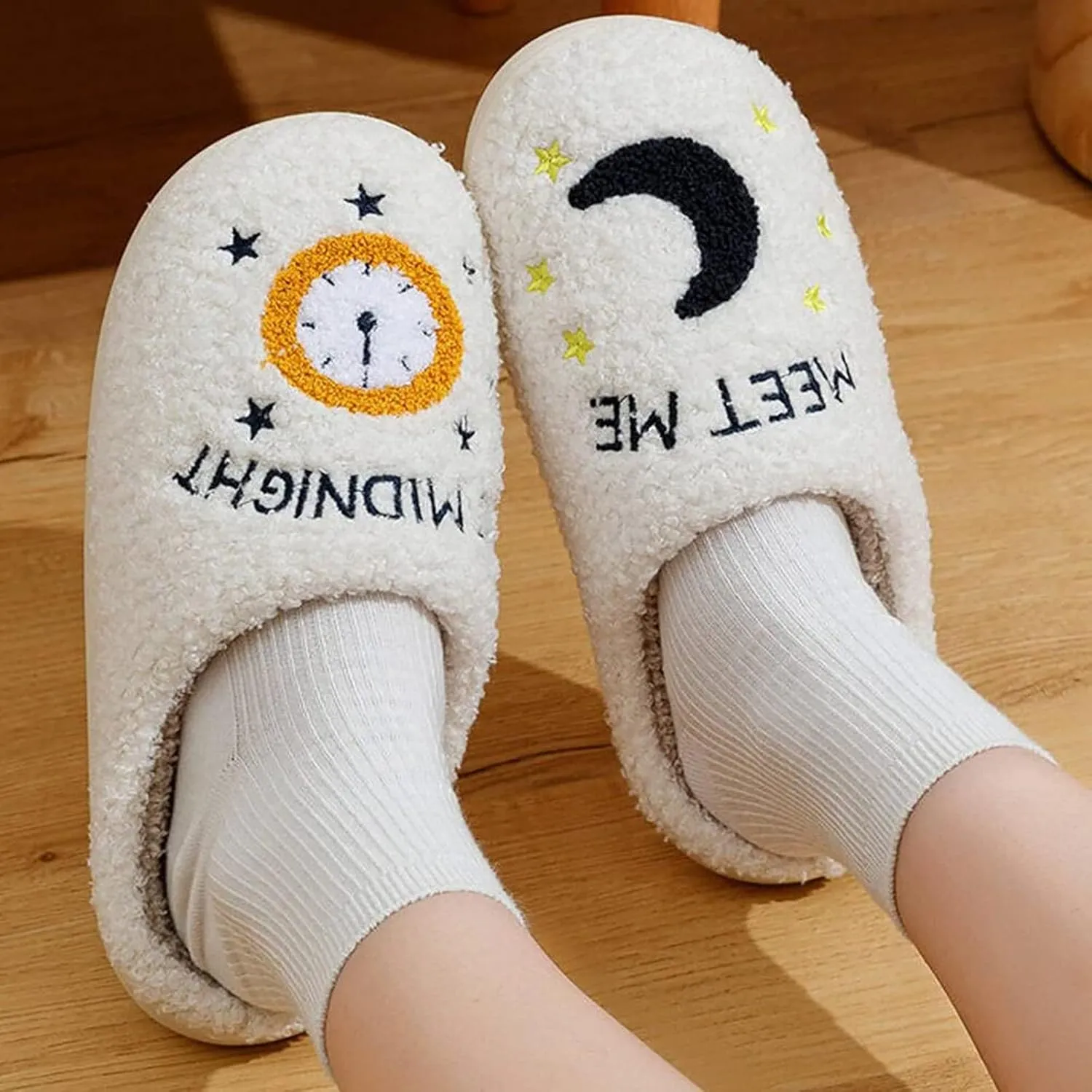 Meet Me at Midnight Slippers for Women Men Plush Fuzzy Cozy House Slippers Winter Warm Indoor Outdoor Shoes