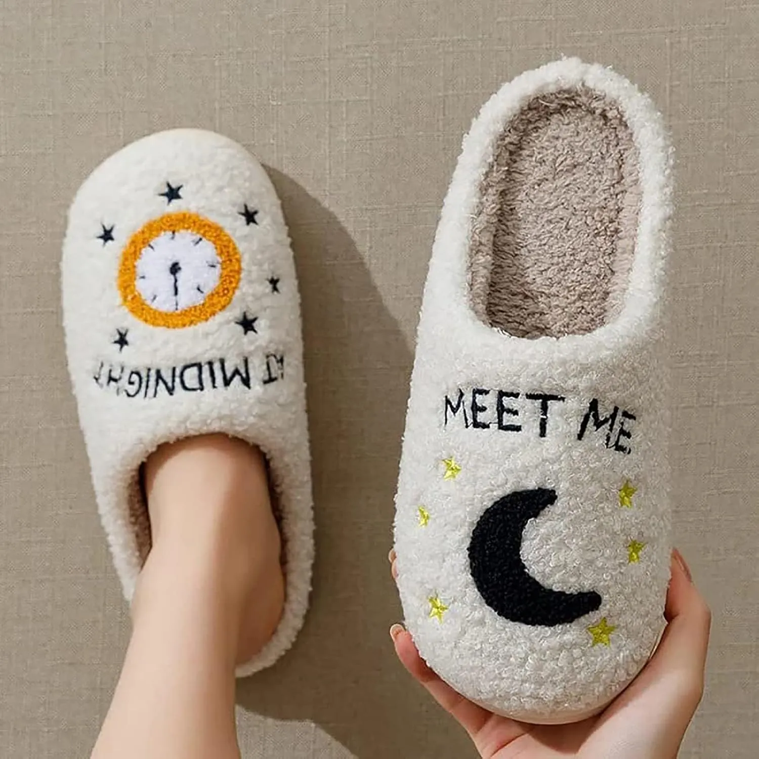 Meet Me at Midnight Slippers for Women Men Plush Fuzzy Cozy House Slippers Winter Warm Indoor Outdoor Shoes
