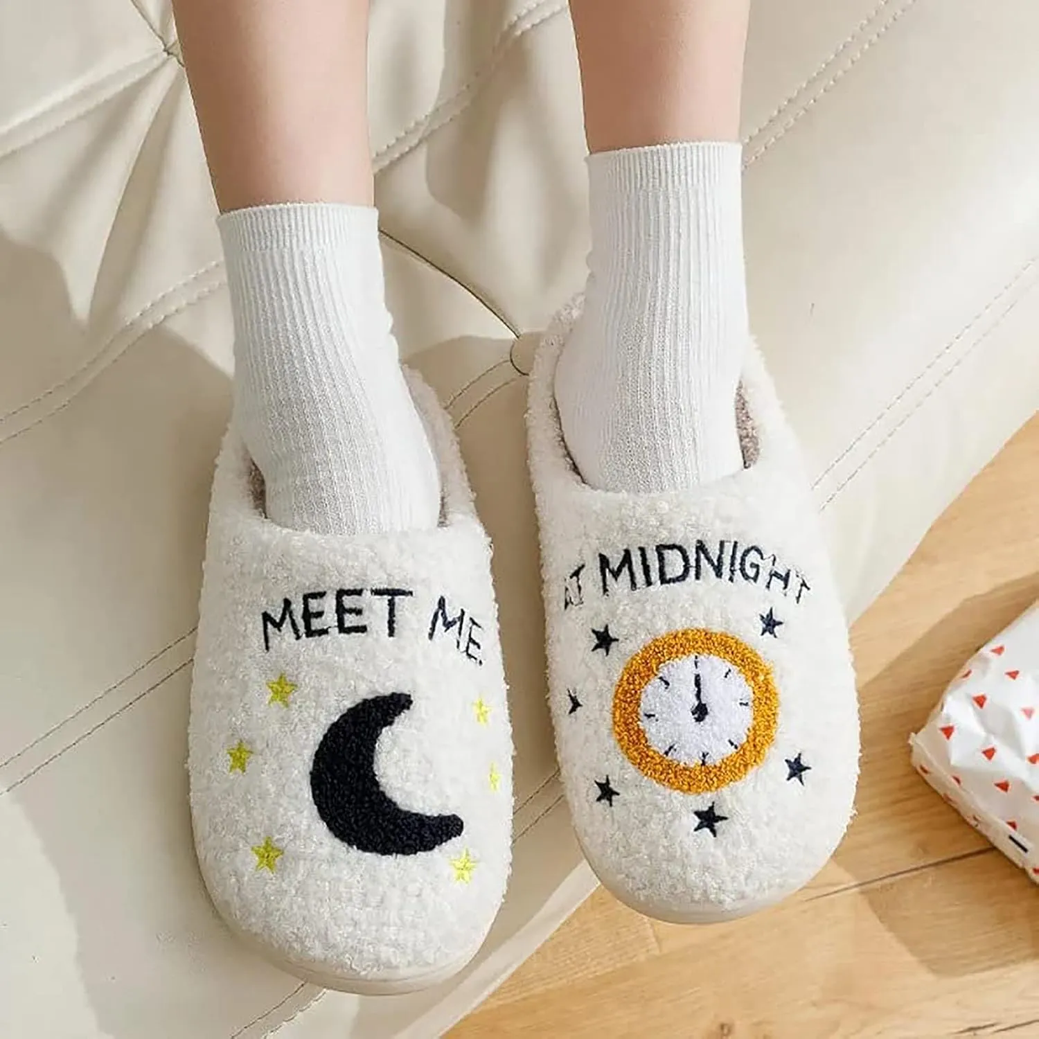 Meet Me at Midnight Slippers for Women Men Plush Fuzzy Cozy House Slippers Winter Warm Indoor Outdoor Shoes