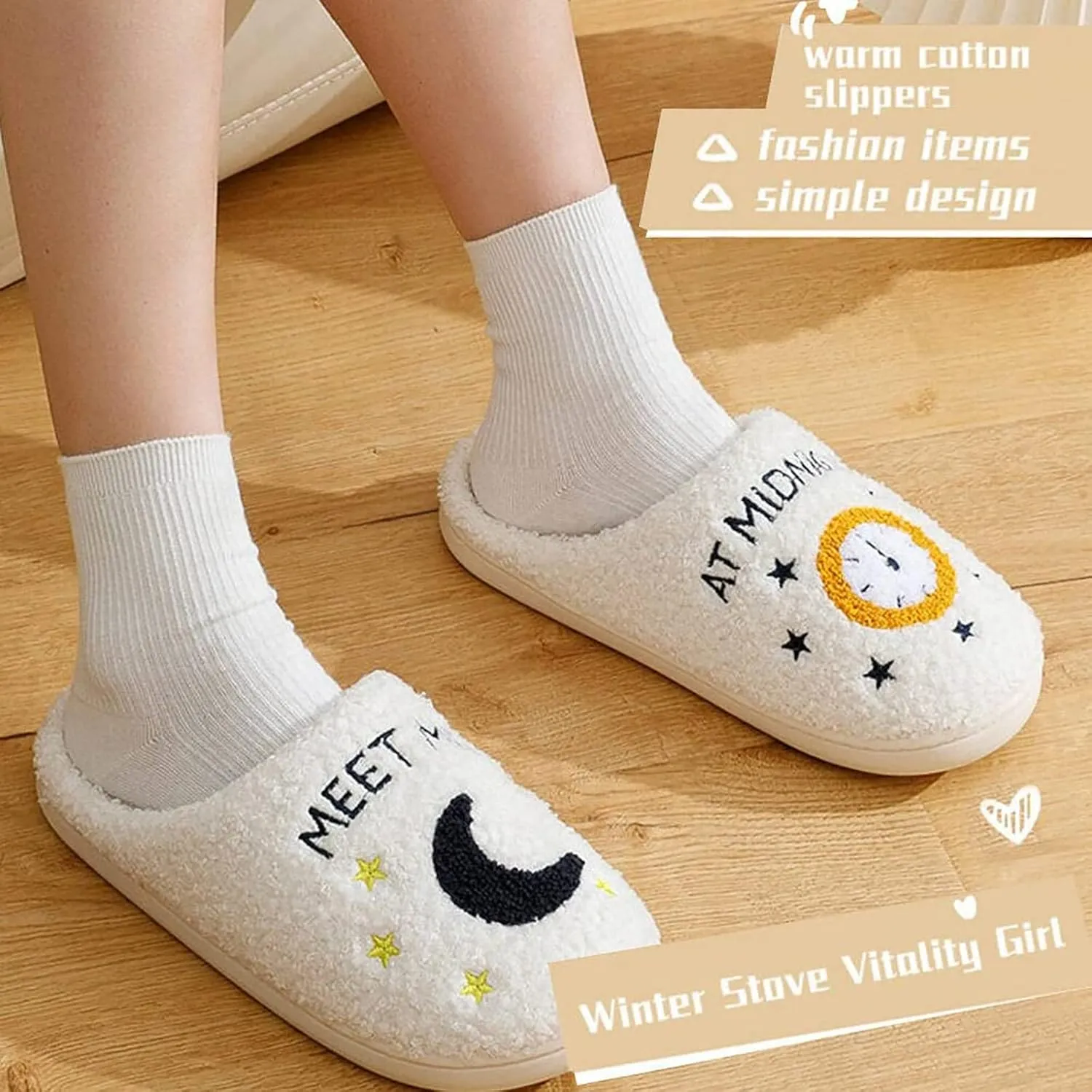Meet Me at Midnight Slippers for Women Men Plush Fuzzy Cozy House Slippers Winter Warm Indoor Outdoor Shoes