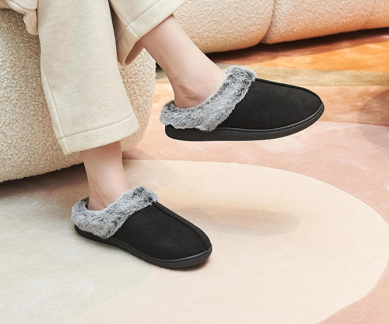 Memory Foam Home Slippers for Women, Fluffy Fuzzy Plush Womens House Shoes for Indoor Outdoor Bedroom, Cute Comfy Microsuede Scuff for Ladies