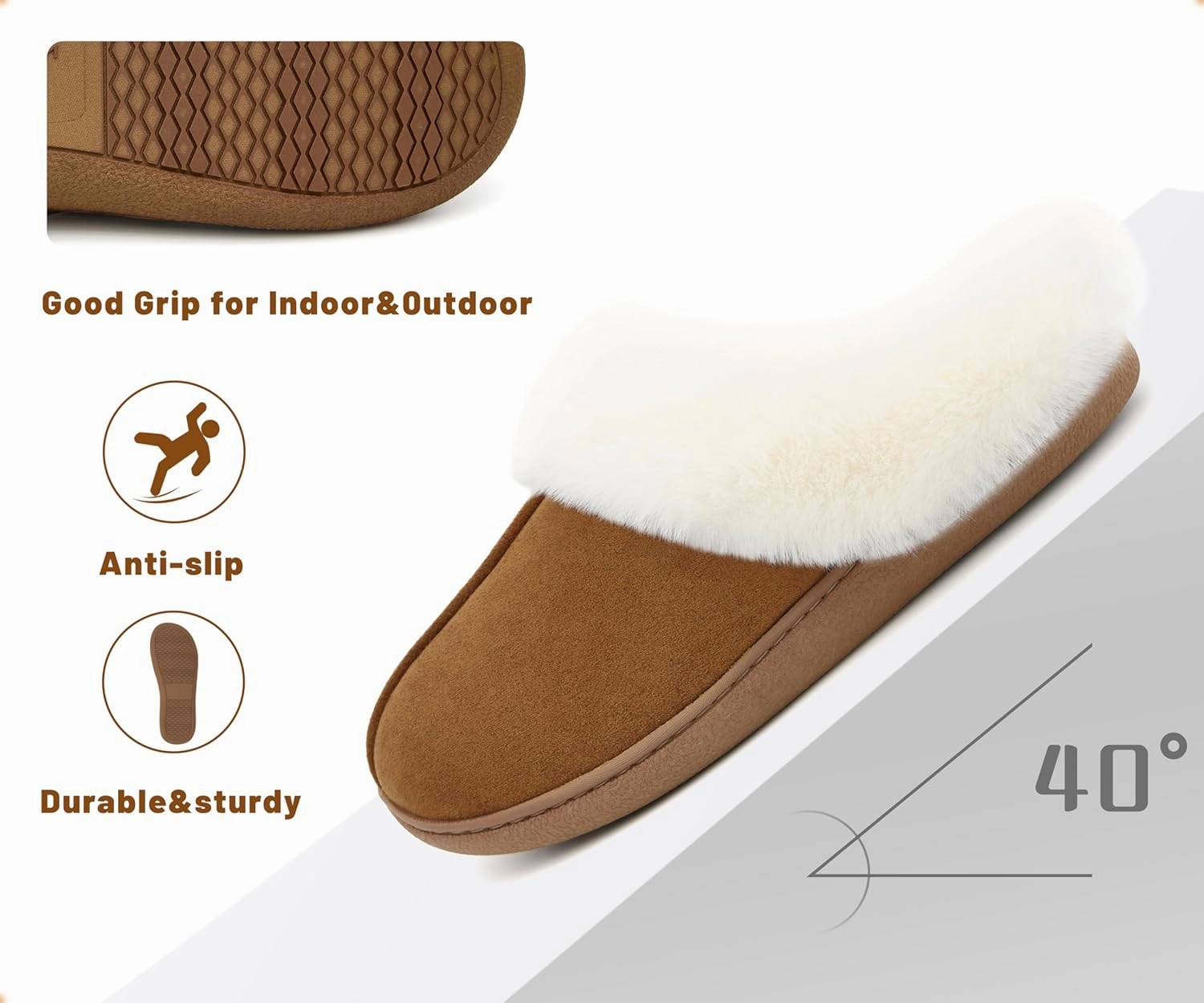 Memory Foam Home Slippers for Women, Fluffy Fuzzy Plush Womens House Shoes for Indoor Outdoor Bedroom, Cute Comfy Microsuede Scuff for Ladies