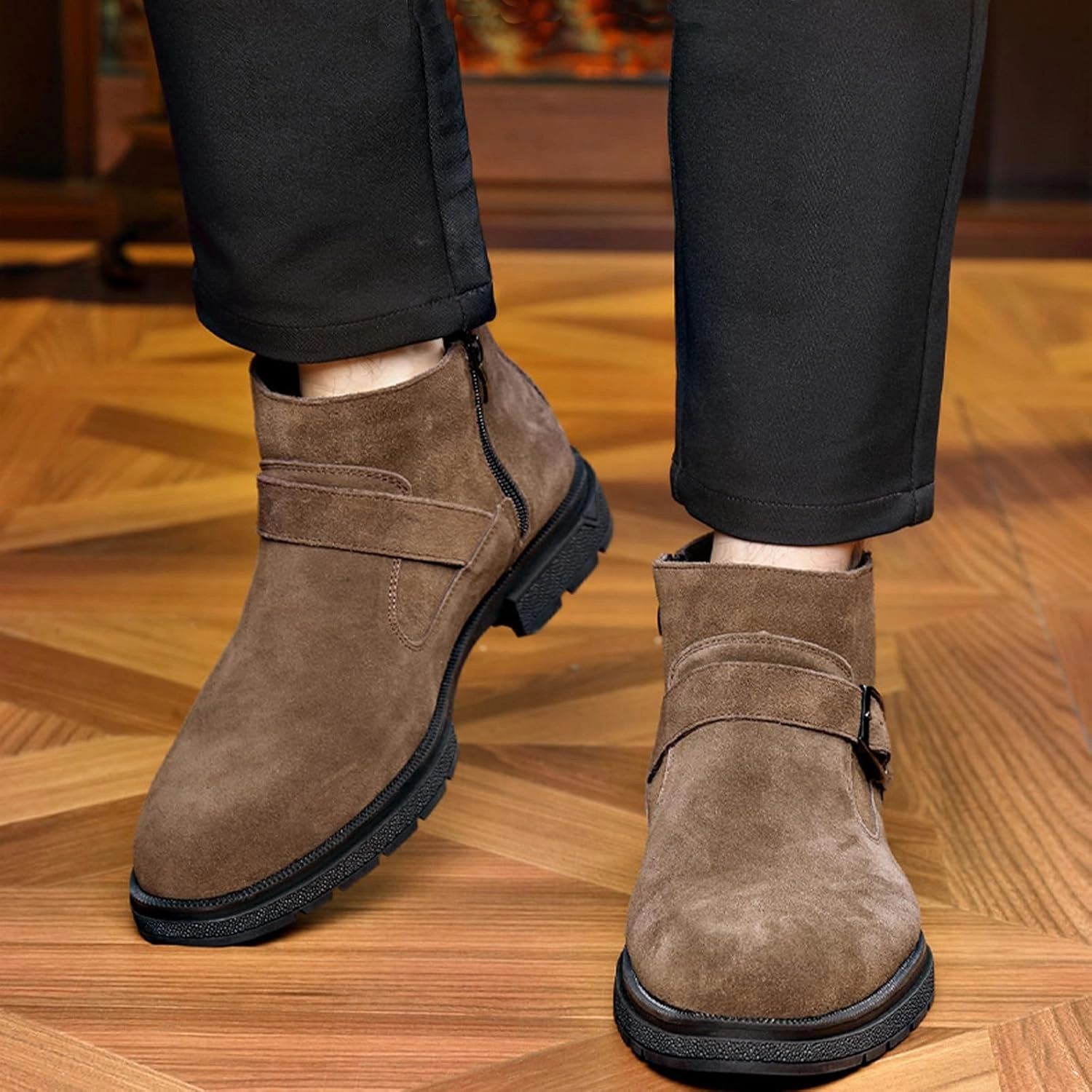 Men's Suede Buckle Low Block Heel Chelsea Ankle Boots with Zipper Retro Round Lug Sole Non-Slip Warm Plush Lining Business Chukka Booties
