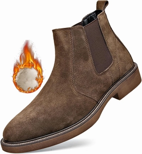 Men'S Suede Chunky Heel Retro Chelsea Boots Classic Round Toe Convenient Elastic Pull On Business Work Formal Short Boots