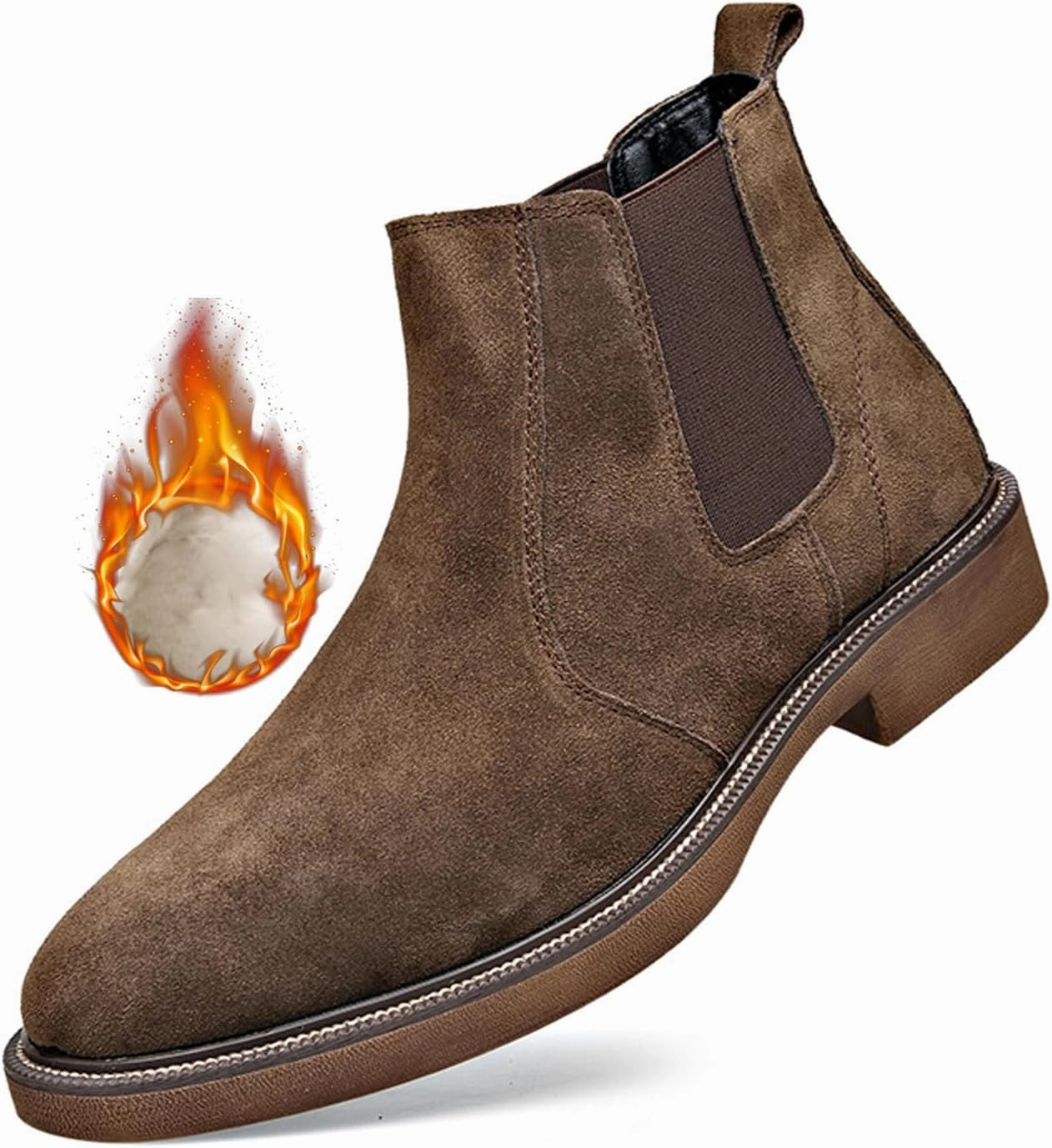 Men'S Suede Chunky Heel Retro Chelsea Boots Classic Round Toe Convenient Elastic Pull On Business Work Formal Short Boots